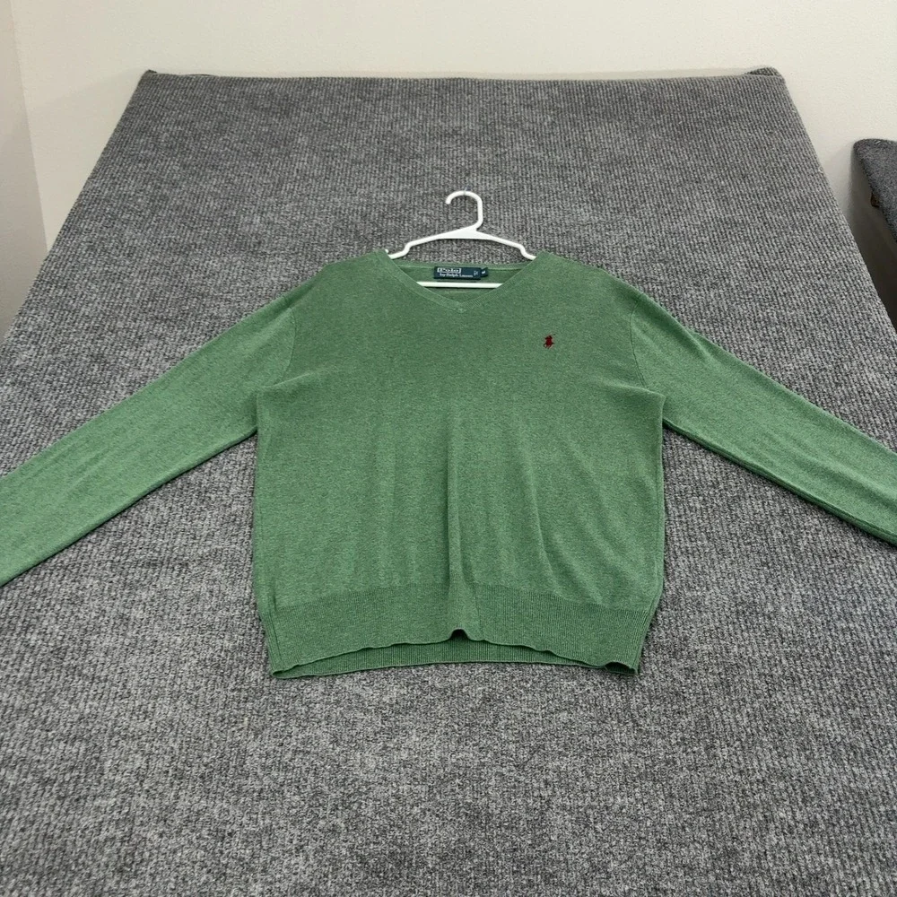 Polo Ralph Lauren Sweater Mens M Green Pima Cotton V Neck Classic Preppy